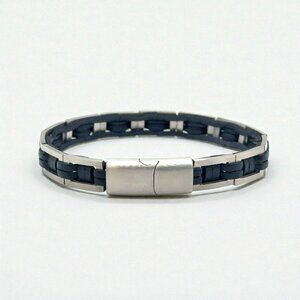 So Chic Gents Stainless Steel and PU Black Leather Bracelet